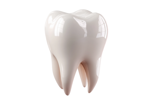 Glossy 3d model of a single human tooth with reflective surface details, cut out