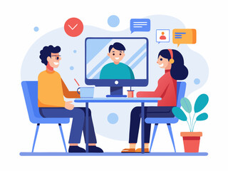 Flat Line Illustration of Remote Financial Consultation with Video Call and Digital Devices