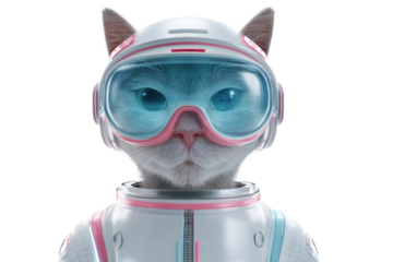 Futuristic cat in space helmet with visor and suit displaying blue eyes, cut out