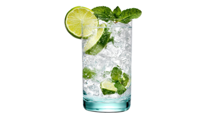 Glass filled with a refreshing mojito cocktail featuring ice, lime slices, and mint leaves, creating a cool and flavorful summer beverage on a transparent background