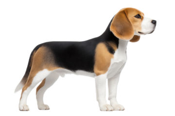 Beagle dog side profile with tri-color coat on white background, cut out