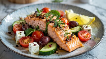 Greek salmon, pan-fried, garnished with fresh cherry tomatoes, Kalamata olives, cucumbers and feta cheese, garnished with herbs and a slice of lemon.