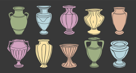 Set of hand-drawn antique vases and amphoras. Illustration in pastel colors.