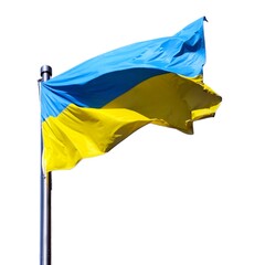 Photo of the waving national flag of Ukraine, isolated on white background.