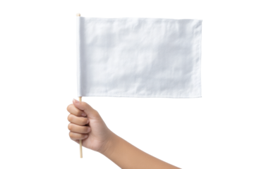 Hand holding plain white flag on black background, cut out