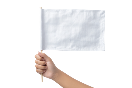 Hand holding plain white flag on black background, cut out