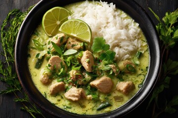 Grünes Curry Hähnchen Kokosmilch Reis Limette Thailändisch Kräuter Scharf Aromatisch Asiengericht Hausgemacht Exotisch Authentisch Bowl Rezept Mittagessen Gesund Würzig