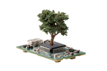 Green technology: miniature tree growing from a circuit board chip, cut out