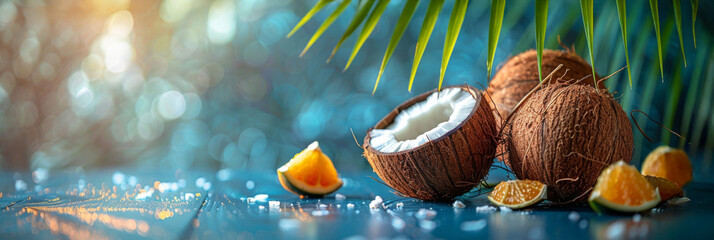 Coconut with palm leaves on a tropical beach.