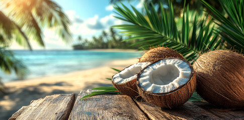 Coconut with palm leaves on a tropical beach.