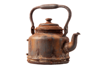 Rusty old metal kettle with antique charm, cut out