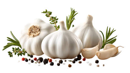 Artistic arrangement of whole garlic bulbs, individual cloves, fresh rosemary sprigs, thyme, and peppercorns. Aromatic culinary herbs and spices. Isolated on transparent background.