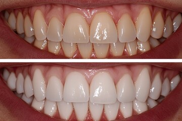 Before and after teeth whitening treatment, showcasing lighter, brighter shade