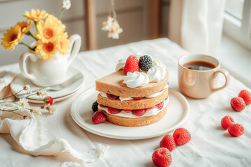 Delicious Slice of Fruit Cake with Whipped Cream