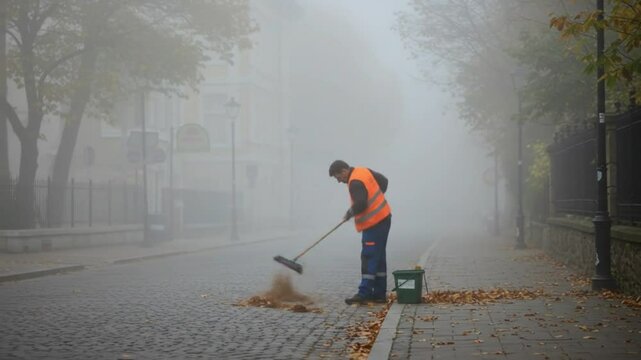 Street sweeper amidst autumns foggy embrace
