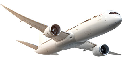 Obraz premium Commercial passenger jet airplane in flight, side view, wings extended. Air travel and transportation concept. Isolated on transparent background.