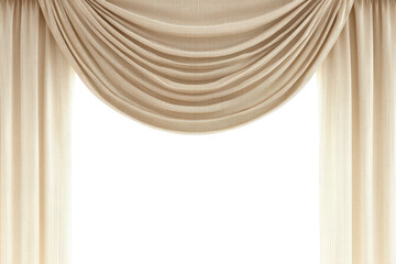 Elegant beige draped fabric curtain with swag design on a black background, cut out
