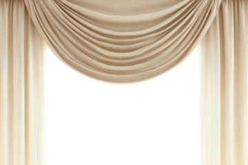 Elegant beige draped fabric curtain with swag design on a black background, cut out