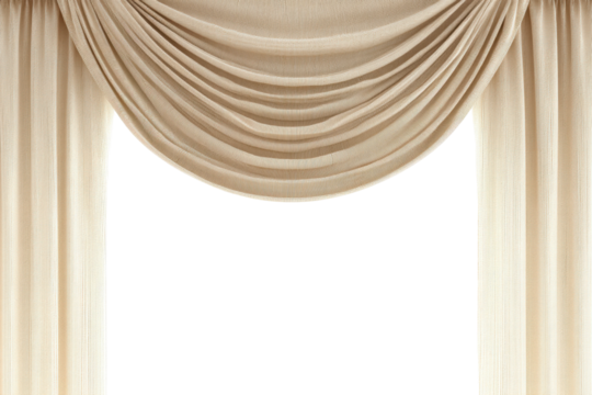 Elegant beige draped fabric curtain with swag design on a black background, cut out