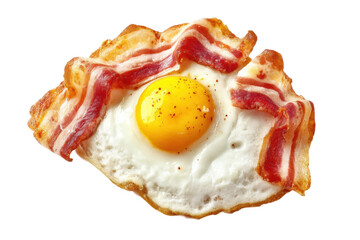 Crispy bacon and fried egg on black background, cut out