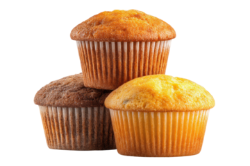 Three assorted muffins stacked on black background, cut out
