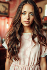 Beautiful Woman in a Delicate Pastel Pink Dress