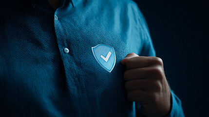 Person in blue shirt displaying shield symbol with checkmark representing security and trustworthiness