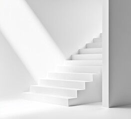 Minimalist white stairway in a bright, sunlit room