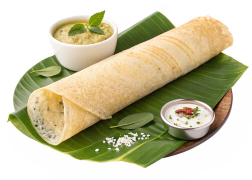 A dosa rolled on a banana leaf with coconut chutney, isolated on transparent background.