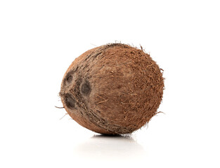 Whole coconut, one coco nut isolated, single fresh tropical palm fruit, natural milk, oil ingredient