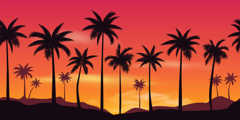 Horizontal seamless background with palms silhouette and sunset sky. Vector illustration. Summer travel banner design