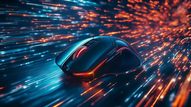 Futuristic Gaming Mouse High Speed Digital Technology Abstract Background Orange Blue Neon Light Streaks Modern Design Professional Wireless Computer Peripheral Device rgb fast    