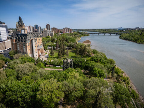 City with a river running through it and a bridge