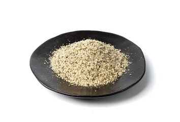 Shelled hemp seeds pile isolated, peeled cannabis grains, marijuana kernels without peel