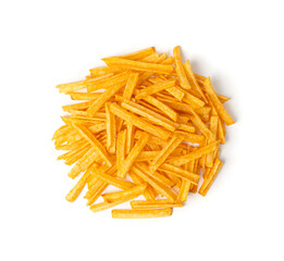 Fried chips sticks isolated, finger potato chips, golden shoestring fries pile, French fries