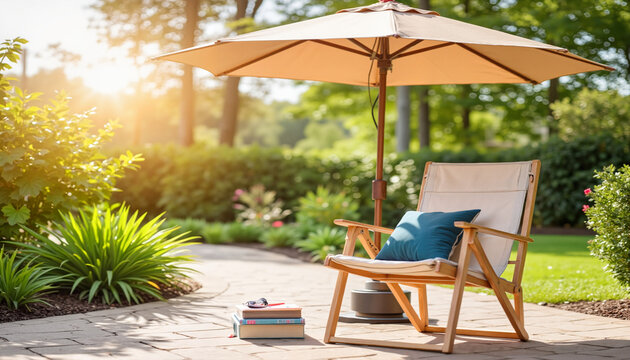 Relaxing outdoor chair with cushion and books under sunshade  