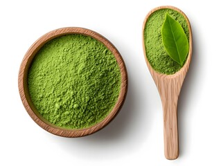 Vibrant green matcha tea powder in a wooden scoop