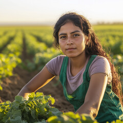 Female Mexican migrant worker tending to crops under the sun in an agricultural field