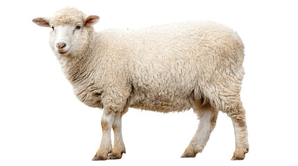 Juvenile sheep with pristine white wool coat, complete side profile, gentle expression. Pastoral animal study. Isolated on transparent background.