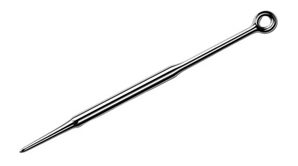 Long thin metal sewing needle with eyelet for thread. Tailoring and craft tool. Isolated on transparent background.