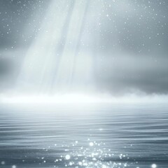 Fototapeta premium A white and grey background with stars is present. An hint of an icy lake outline. Patterns form on the water surface due to the light rays that shine through the mist.