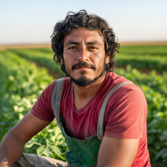 Mexican migrant worker laboring under the sun in a vast field
