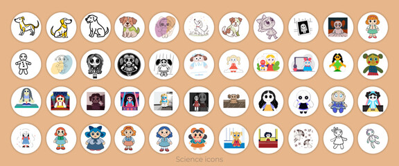 Outline doll icon, dog logo template, and silhouette art of ant, Pen icon, birds, art Vector set,