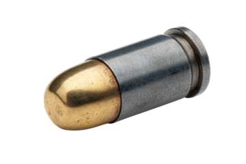 Close-up of metallic bullet with brass tip on black background, cut out