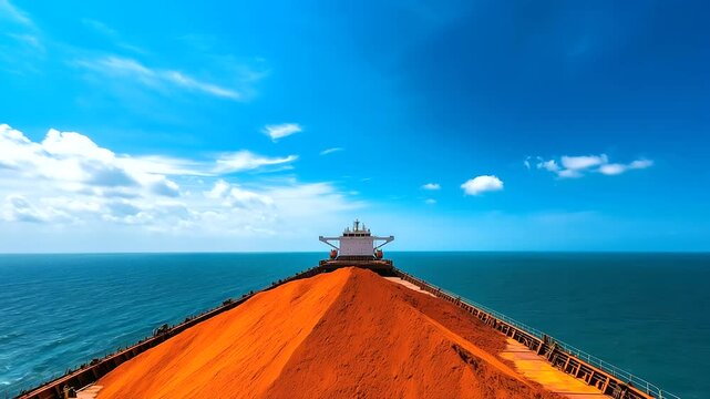 Bulk ship covered in bright orange dust unloading bauxite at port, workers busy under cloudless blue sky