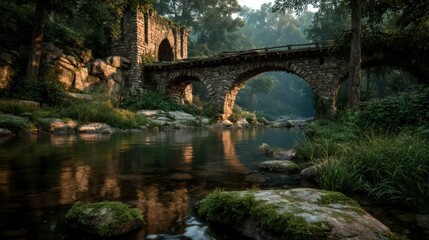 Fototapeta premium Enchanting Forest Stream with Ancient Stone Bridge and Lush Greenery