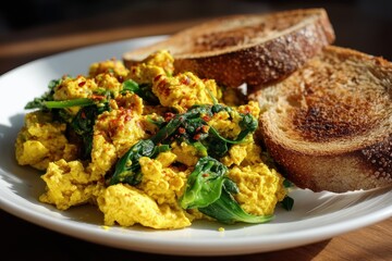 Tofu Rührei Toast Vegan Frühstück Spinat Gesund Ei Ersatz Pflanzlich Proteinreich Kurkuma Würzig Vollkornbrot Brunch Idee Vegane Ernährung Clean Eating Hausgemacht Lecker