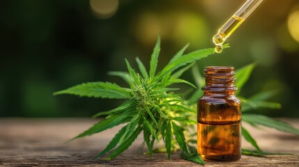 A dropper filled with cannabis oil hovers above a small glass bottle, surrounded by fresh cannabis leaves in a natural outdoor environment. Sunlight creates a warm glow