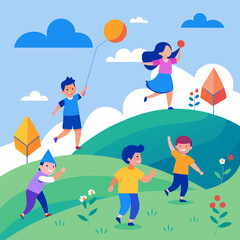 Fototapeta premium Children Flying Kites on a Hill - Development Through Play and Happiness