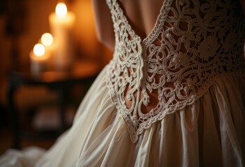 Obraz premium Elegant lace wedding dress with intricate embroidery and flowing fabric